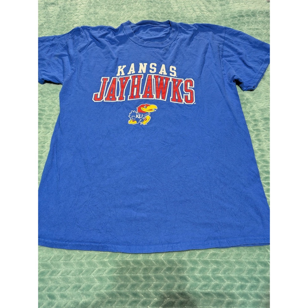 Kansas Jayhawks T-Shirt Blue Graphic Spellout Mascot NCAA Mens XL Single Stitch